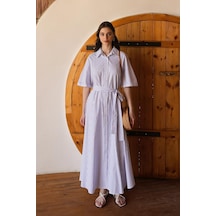Olcay Kuşaklı Kısa Kollu Çizgili Poplin Elbise Beyaz 9317-e