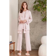 Pierre Cardin 2800 Kadın Penye Dantelli Sabahlıklı Pijama Takım-pudra Pudra