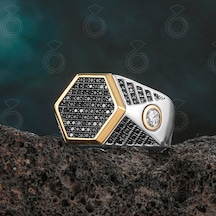 925 Ayar Gümüş Altıgen Tasarım Siyah Zirkon Taşlı Erkek Yüzük - 556385324