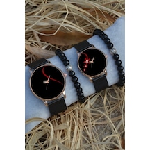 Siyah Rose Gold Hasır Kırmızı Kalp Saat Ve Bileklik Hediyeli Çift Sevgili Saatleri