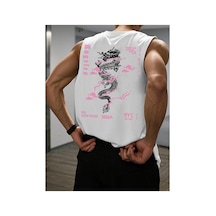 Caddemia Yaz Eğlence Sporları Fitness Geniş Ejderha Ve Mektup Desen Baskılı Rahat Nefes Yuvarlak Beyaz