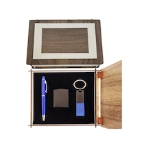 Özel Ahşap Kutulu Lacivert Kalem Anahtarlık Ve Çakmak Set Çok Renkli