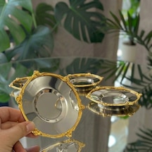 Gold - Gümüş Dekoratif Çerçeveli 6 Lı Metal Çay Tabağı Seti Lüks Çay Sunum Tabağı