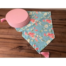 Mint Zemin Üzerine Pembe Çiçek Desenli Runner & Supla Çok Renkli