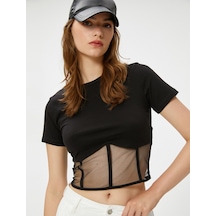 Koton Crop Tişört Korse Ve Tül Detaylı Siyah 3sak50575ek 3SAK50575EK999 Siyah