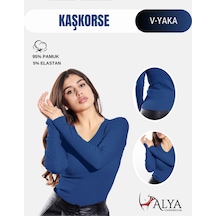 Alya Underwear Pamuklu Kaşkorse V Yaka Body Sweatshirt, Fitilli Kumaş Likralı Bluz, Asker Yeşili Badi Mavi İndigo