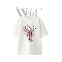 Thewert Lobster Engraving Tasarım Baskılı Ünisex Beyaz Oversize T-shirt
