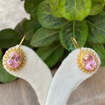 14 Ayar Altın Güneş Pembe Taşlı Küpe Sarı Altın