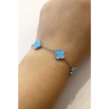 Kadın Mavi Renk Küçük Yonca Model Çelik Bileklik Silver