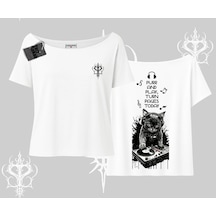 Tarzsokak Dj Kedi Baskılı Müzik Temalı Kayık Yaka Tshirt Beyaz