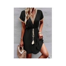 Butik İstanbul Kadın Kısa Kollu V Yakalı Belinde Bağcıklı Viskon Elbise Siyah