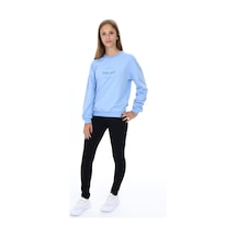 Toontoy Kids Toontoy Kız Çocuk 2'li Takım Baskılı Bisiklet Yaka Düşük Omuz Sweatshirt & Basic Düz Tayt Mavi