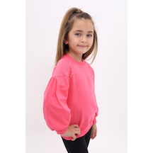 Toontoy Kız Çocuk Relax Fit Bisiklet Yaka Büzgülü Reglan Kol Sweatshirt - 2 İplik Fuşya