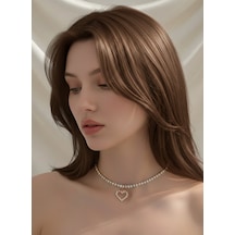 Tek Sıralı Kalp Figürlü Kristal Taşlı Choker Tasma Silver Gold Kolye Altın