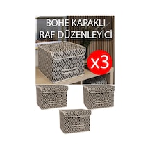3 Adet Bohe Çok Amaçlı Kapaklı Kutu, Dolap Raf Düzenleyici, Dekoratif Saklama Kutusu 30x30x23 Cm Gri-beyaz