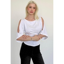 Madmext Beyaz Belden Büzgülü Yarasa Kollu Açık Omuz Bluz Mg2672 Beyaz