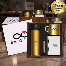 Logonuza Özel 10 Adet Ahşap Kutulu Gold Kurumsal Hediye Seti Cam Suluk, Seramik Fincan, Defter Ve Kalemli Promosyon Seti