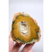 Sarı Merlinit Jeot Hardal Ve Zeytin Dendritik Opal İle Orta Kısmında Druzy Boşluk, 117g