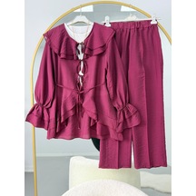 Lovie Moda Luna Fırfır Yakalı Pantolonlu İkili Takım Bordo