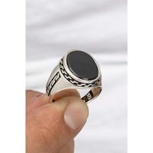 Modern Çizgili Oniks Taşlı Gümüş Erkek Yüzük -8338 Gümüş