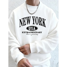 Tarzsokak New York Abd Baskılı Erkek Tişörtü Kış Büyük Boy Kapüşonlular Hip Hop Bisiklet Yaka Polar Sıc Beyaz