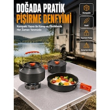 Alüminyum Kamp Pişirme Seti Katlanabilir Kulplu Çaydanlık Tencere Tava Outdoor Yemek Seti - Lisinya Gri