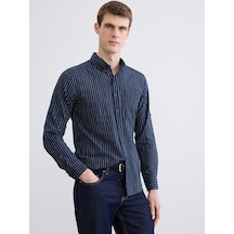 Lcwaıkıkı Classic Lacivert Regular Fit Çizgili Erkek Keten Karışımlı Gömlek