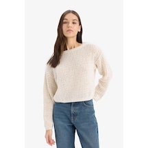 DeFacto Regular Fit Bisiklet Yaka Kroşe Triko Kazak T4513AZ25SPER223 Ekru