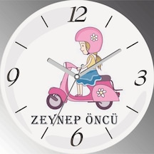 Kişiye Özel Motorbisikletli Kız Çap 30cm Sessiz Akar Bombeli Gerçek Cam Duvar Saati Siyah