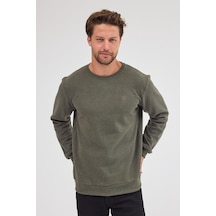 Erkek Haki Standart Fit Normal Kesim Pamuklu Basic Bisiklet Yaka Sweatshirt Haki