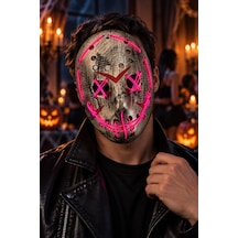 Halloween Cadılar Bayramı Purge Tarzı Fuşya Işıklı Korku Maskesi 25 Cm Çarpı Gözlü Dikili Ağız