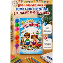 5 Set Yeni Okumayı Öğrenen Öğrencilere Hediye Artık Okuyorum Yazılı 1. Sınıf Hatırası Emoji Kurşun Kalem Tebrik Kartı Hediyeli