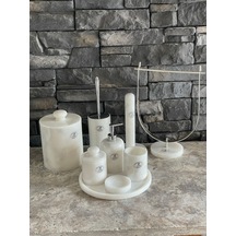 Beyaz Doğal Mermer Gümüş Rengi Aksesuarlı 9,lu Banyo Seti Beyaz