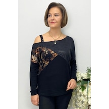 Mia Butik Büyük Beden Kahve Tek Omuz Leopar Detaylı Bluz-1583 Gri