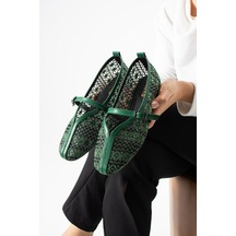Dabab Shoes Marvena Kadın Zümrüt Yeşili Çapraz Bantlı Dantel Detaylı Şeffaf Dokulu Babet Yeşil