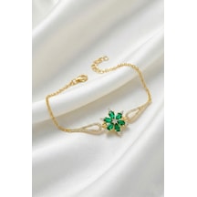 Çekirdekjewelry 925 Ayar Gümüş Altın Kaplama Yeşil Taşlı Çiçek Model Zirkon Taşlı Kadın Bileklik Sarı