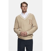 Ucla Heyoka Koyu Bej V Yaka Nakışlı Loose Fit Erkek Triko Koyu Bej