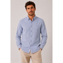 Slim Fit Uzun Kol Cepsiz Çizgili Keten Likra Hediye Kutulu Erkek Gömlek Fs-004581 - Saks Mavi-3334