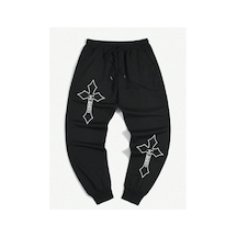 Tarzsokak Guys Cross Letter Graphic Drawstring Waist Eşofman Altı Siyah