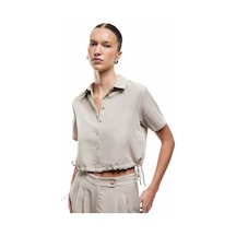 Koton Klasik Yaka Modal Kumaş Kısa Kollu Yanları Bağcıklı Crop Gömlek Vizon 5sak60405pw Vizon