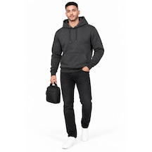 Erkek Antrasit Kapüşonlu Kanguru Cepli 3 İplik Şardonlu Sweatshirt
