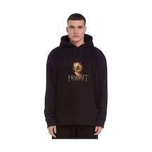 Hobbit Baskılı Siyah Erkek Örme Kapşonlu Sweatshirt
