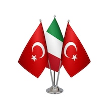 Masa Üstü İtalya Bayrağı Türk Bayrağı Üçlü Krom Direk Masa Bayrak