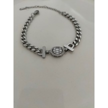 Kadın Zirkon Taşlı Baget Çelik Zincir Bileklik N11.395 Metalik