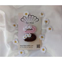 Kız Çocuk Çiçek Desenli Kahverengi Pembe 2'li Toka Seti Hand Made Örgü Toka Çok Renkli