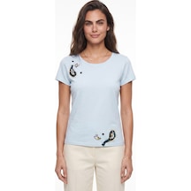Onloox Kadın Bebe Mavisi Bebe Mavisi Pamuklu Bisiklet Yaka Kısa Kollu El İşi Sanatsal Nakış Detaylı T-shirt