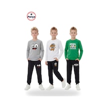 Fyk Kids 3'lü Yuvarlak Yaka Sweatshirt Siyah Eşofmanlı Baskı Detaylı 6 Parça Erkek Çocuk Alt Üst Takım Gri - Beyaz
