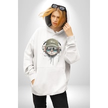Havalı Pilot Şapkalı Müzik Dinleyen Kedi Kadın Erkek Beyaz Kapüşonlu Sweatshirt Hoodie Beyaz