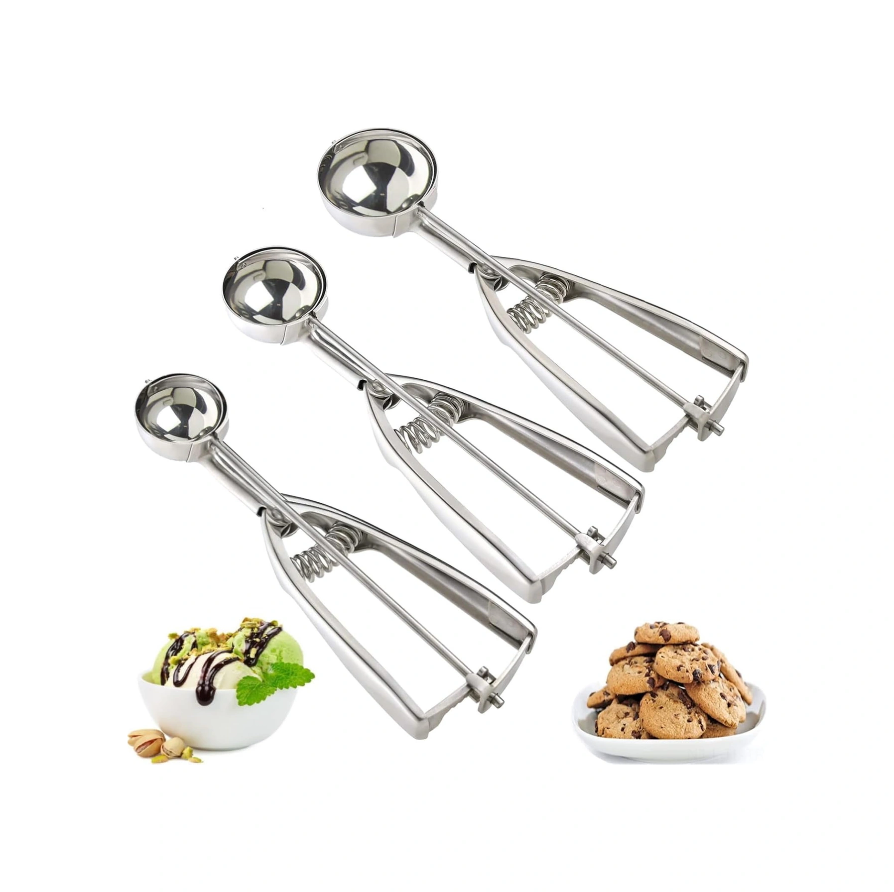 Hombey 3'lü Çelik Bisküvi/helado Kaşığı Seti - Otomatik Serbest Bırakma Mekanizması İle Çeşitli Yemekleriniz İçin Pratik Kişisel Mutfak Aracı Gümüş