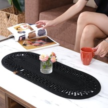 Modern Doğal Jüt Dokuma Masa Örtüsü, Örgülü Sehpa Yolluğu, Oval Masa Örtüsü Yemek Masası Veya Teras İçin Siyah Abanoz